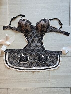Victoria's Secret Black and White Lace Bustier Apron Set